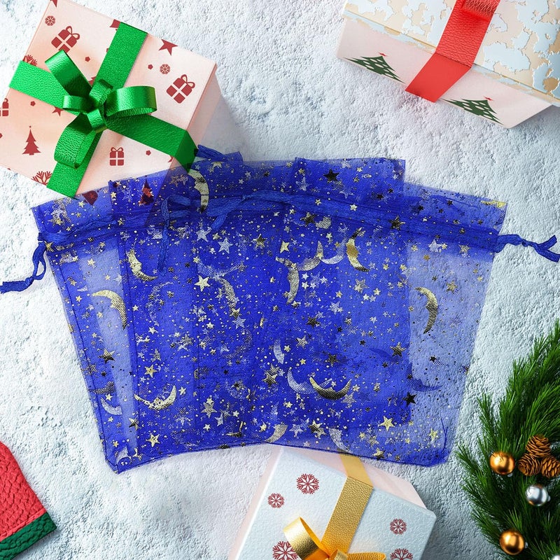 SUNGULF 100Pcs 4x5 Inches Sheer Organza Drawstring Pouches Stars And Moon Wedding Party Favor Jewelry Candy Gift Bags (Blue) - Image 5
